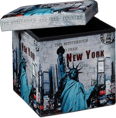 Relaxdays Faltbarer Sitzhocker 38 cm, stabiler Sitzwürfel, Kunstleder, Stauraum, New York Motiv