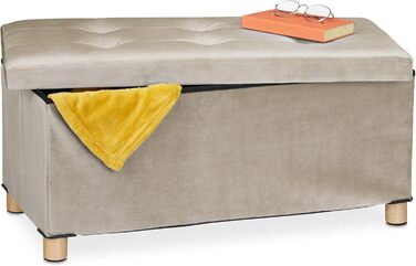 Relaxdays Sitzbank mit Stauraum, Samt, Holzfüße, bis 120 kg, faltbar, 34x76x38 cm, Creme
