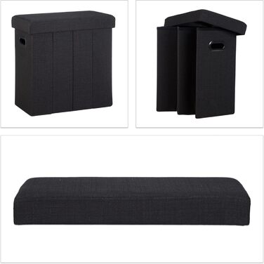 Relaxdays Faltbarer Sitzhocker mit Stauraum, Griffe, Leinen, Polyester, MDF, Schwarz, 49,5x46x25,5 cm