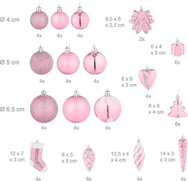 Relaxdays Weihnachtskugeln 72er Set, glitzernd/matt/glänzend, Baumkugeln, Stiefel, Herz, Zapfen, rosa