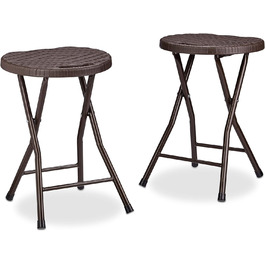 Relaxdays Klapphocker BASTIAN rund, 2 Stk. Faltbar, Kunststoff, Rattanoptik, Wetterfest HxBxT: 45 x 32,5 x 29 cm, braun