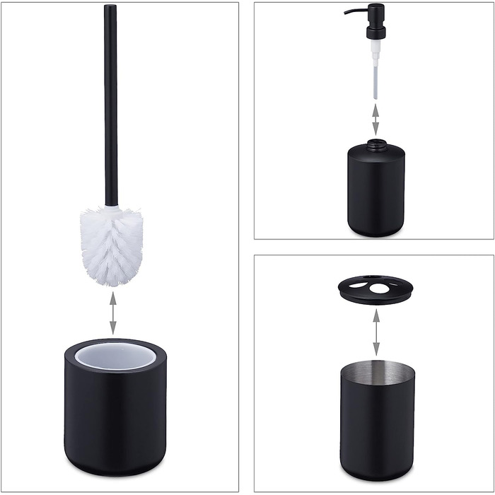 Relaxdays Badezimmer Set, 5-teilig, Badbecher, Zahnbürstenhalter, Seifenspender- & Schale, Klobürste, Edelstahl, schwarz, 10038871