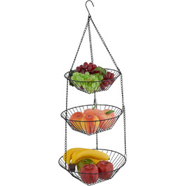 Relaxdays Hänge-Obstkorb, 73x28 cm, 3 Etagen, Stahl, runder Hängekorb, schwarz