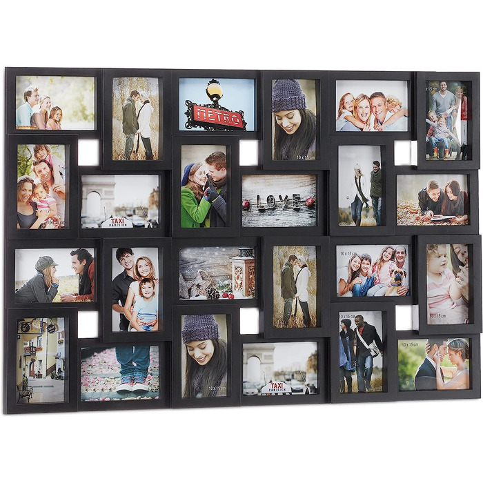 Relaxdays XXL Bilderrahmen Collagen für 24 Bilder in 10 x 15, Hoch- oder Querformat, Kunststoff, HxB 57 x 86 cm, (Schwarz)