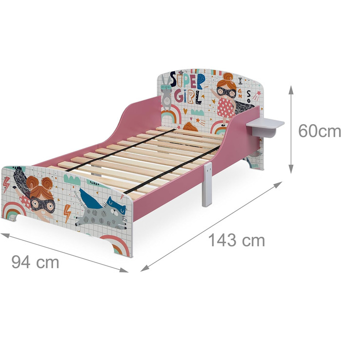 Relaxdays Kinderbett, HBT 60 x 94 x 143 cm, Kleinkindbett mit Ablage, Rausfallschutz, Lattenrost, Superheldin, MDF, bunt