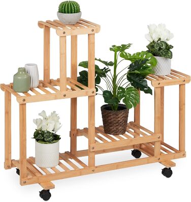 Relaxdays Pflanzenregal, Blumenständer mit 6 Ablagen, Bambus, 79x95x36 cm, rollbar, für Innenbereich