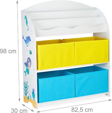 Relaxdays Kinderregal, 4 Boxen, Meerjungfrau Motiv, Spielzeug Aufbewahrung, Kinderzimmer HxBxT 98 x 82,5 x 30 cm, bunt