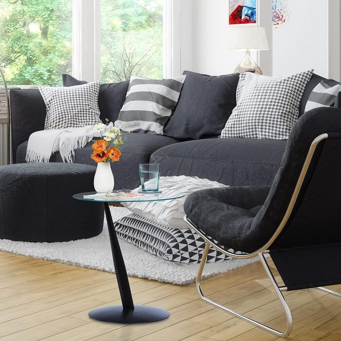 Relaxdays Beistelltisch, runder Couchtisch, H x D: 49 x 45 cm, Glas & Stahl, für Wohnzimmer, moderner Sofatisch, schwarz
