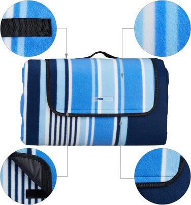 Relaxdays XXL Picknickdecke, 200x300 cm, wasserdichte Unterseite, Tragegriff, Fleece Isolierdecke, gestreift, blau-weiß