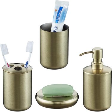 Relaxdays Badezimmer Set, 4-teilig, Seifenspender, Seifenschale, Zahnputzbecher, Zahnbürstenhalter, Edelstahl, Gold 10038874