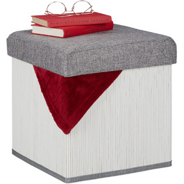 Relaxdays faltbarer Sitzhocker mit Stauraum, gepolstert, Bambus, Stoff, 36x35x35 cm, Weiß/Grau