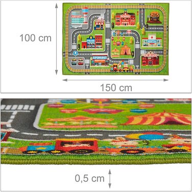 Relaxdays Spielteppich Straße, Stadt-Motiv, rutschfest, Autoteppich für Jungs & Mädchen, Polyester, BxT 150x100 cm, bunt, 1 S