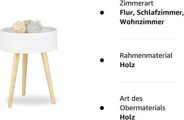 Relaxdays Beistelltisch rund skandinavisches Design, 70er, Nachttisch mit Tablett, Staufach, HxBxT: 50x38x38 cm, weiß Single