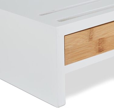 Relaxdays Monitorständer, 2 Schubladen, PC-Erhöhung, 12x56x27 cm, Bambus & MDF, weiß/Natur