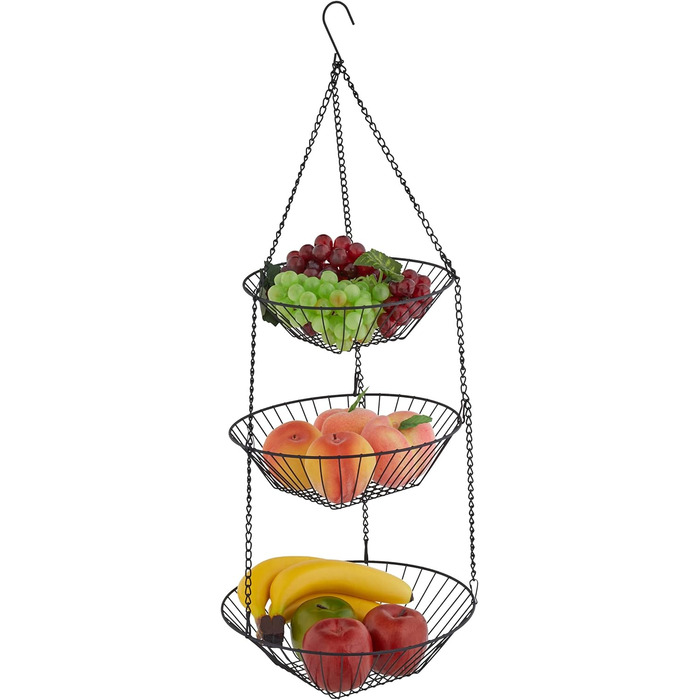 Relaxdays Hänge-Obstkorb, 73x28 cm, 3 Etagen, Stahl, runder Hängekorb, schwarz