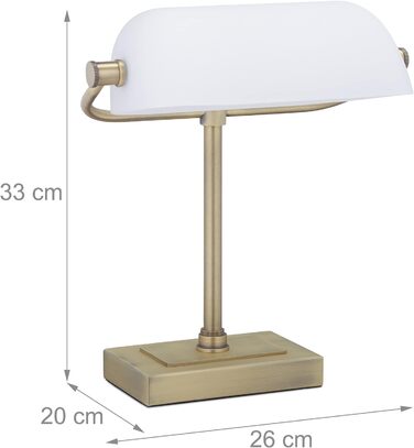 Relaxdays Bankerlampe, neigbarer Glasschirm, Metallsockel, E14, Schreibtischlampe Retro, Bibliothekslampe, weiß/messing, 33 x 26 x 20 cm