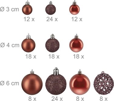 Relaxdays Weihnachtskugeln 150er Set, glitzernd/matt/glänzend, Kunststoff, ∅ 3/4/6 cm, Braun