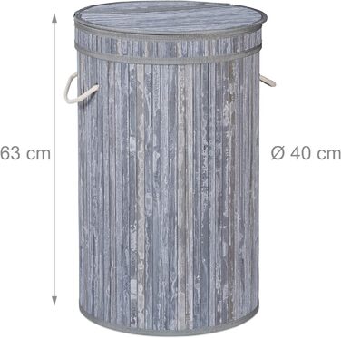 Relaxdays Wäschekorb Bambus, runder Wäschesammler mit Klappdeckel, 65 l, faltbare Wäschetonne, rund Ø 40 cm, (Grau)