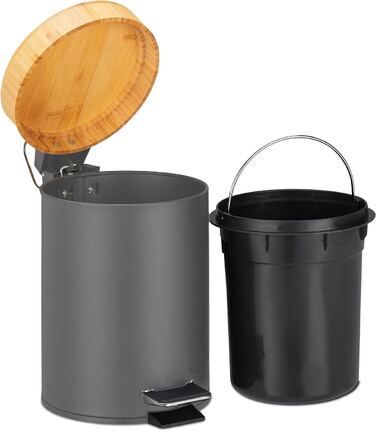 Relaxdays Mülleimer Bad, 3 l, Kosmetikeimer mit Absenkautomatik, Bambusdeckel, entnehmbarer Inneneimer, Treteimer, (Grau)