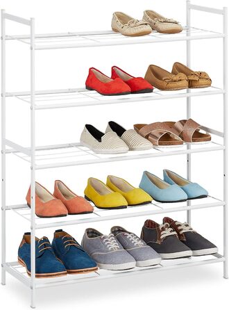 Relaxdays Schuhregal, Metall, 5 Ebenen, stapelbar, erweiterbar, HBT 90x70x26 cm, 15 Paar Schuhe, weiß