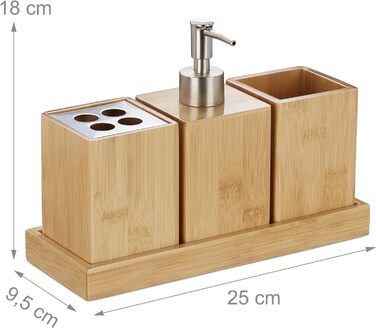 Relaxdays Bade-Set, 4-tlg., Bambus, Seifenspender, Becher, Halter, Schale
