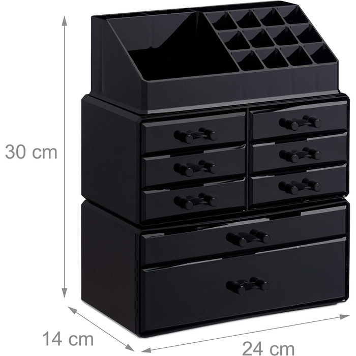 Relaxdays  x Make Up Organizer mit Schubladen, stapelbarer Schmuckkasten für Make Up, Acryl Schminkaufbewahrung,     Stück (1, Schwarz, 1 Stück)