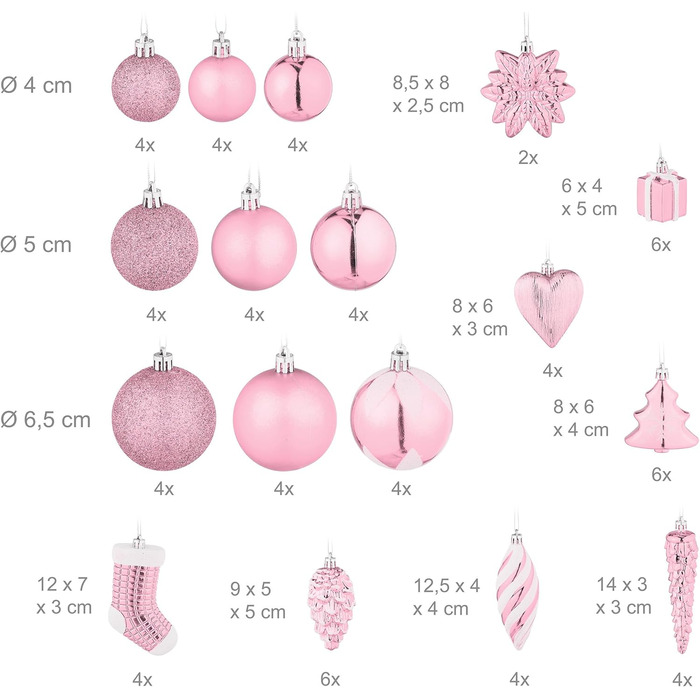 Relaxdays Weihnachtskugeln 72er Set, glitzernd/matt/glänzend, Baumkugeln, Stiefel, Herz, Zapfen, rosa