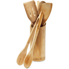 Relaxdays Küchenhelfer Set Bambus 7-tlg. 30cm lang, Kochlöffel, Holzlöffel, Pfannenwender (je 2), Salatzange, Gabel, Halter