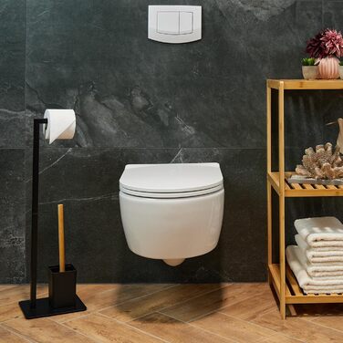 Relaxdays WC Garnitur, Bambus, Edelstahl, Klopapierhalter & Toilettenbürste mit Halter, schwarz/natur