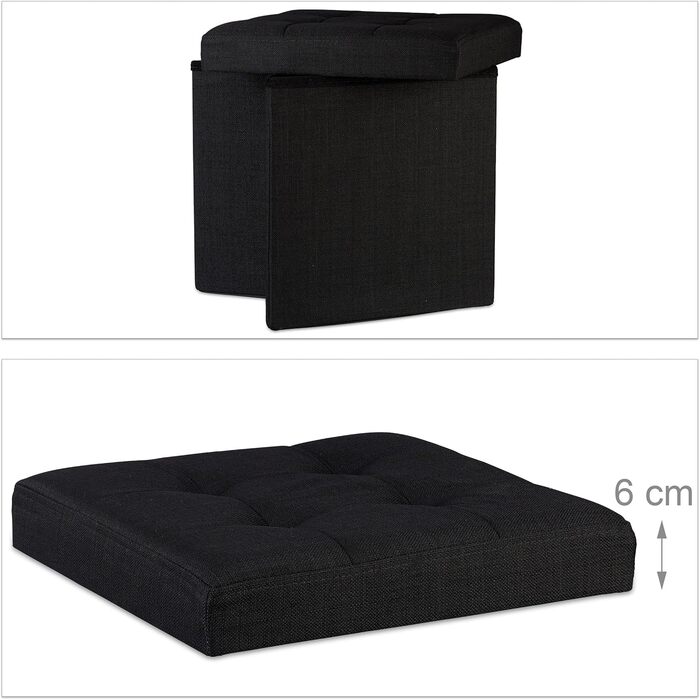 Relaxdays Faltbarer Sitzhocker, Sitzcube, Leinen, mit Deckel, 38x38x38 cm, Schwarz