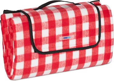 Relaxdays XXL Picknickdecke, 200 x 200 cm, Fleece Stranddecke, wärmeisoliert, wasserdicht, mit Tragegriff, rot/weiß
