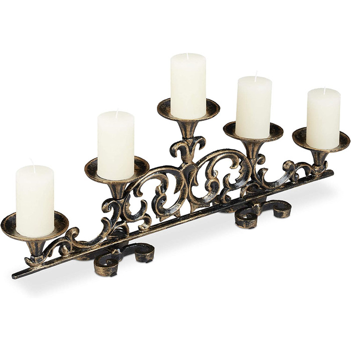 Relaxdays Kerzenständer antik, 5-armig, Kerzenhalter Stumpenkerzen, Shabby Chic, Gusseisen, HBT 20 x 59 x 9,5 cm, (Schwarz/Gold, Single)