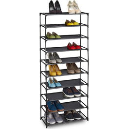 Relaxdays, schwarz Stoff Schuhregal Stecksystem, 10 Ebenen, für 30 Paar Schuhe, Schuhständer hoch HxBxT 150 x 62 x 28 cm, 1 Stück
