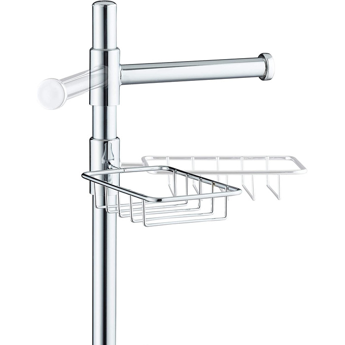 Relaxdays, Chrom Garnitur universal, Rollenhalter, WC-Bürste mit Behälter, Ablage, 360° drehbare Elemente, 86 cm hoch