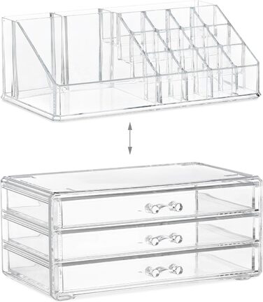 Relaxdays Make Up Organizer klein, 2-teilige Schminkaufbewahrung mit Schubladen, stapelbares Kosmetikregal,  1 Stück (Transparent)