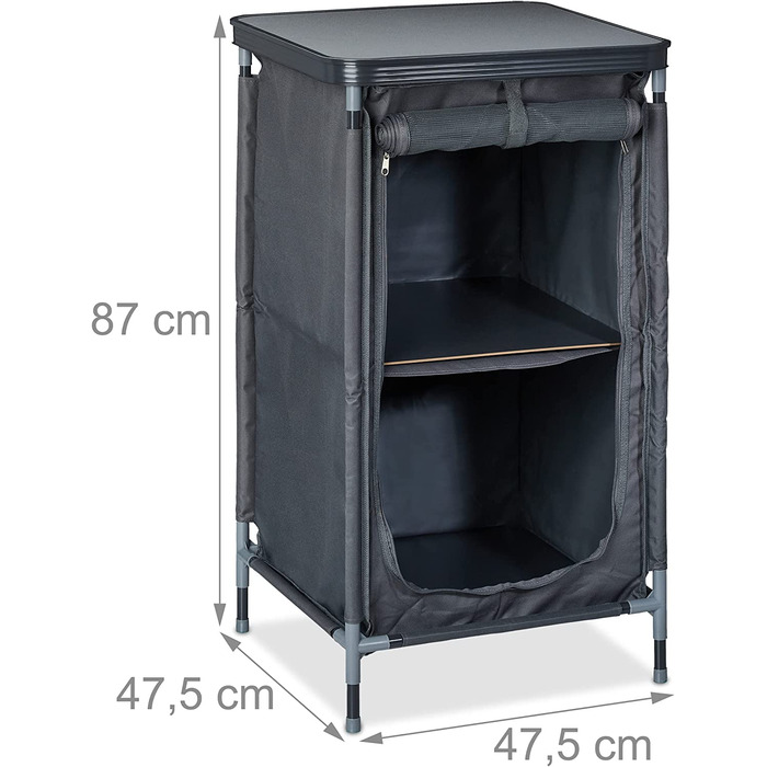 Relaxdays Campingschrank mit 2 Ablagen, HBT: 87x47,5x47,5 cm, Campingregal mit Tischaufsatz, Stauraum im Vorzelt, grau