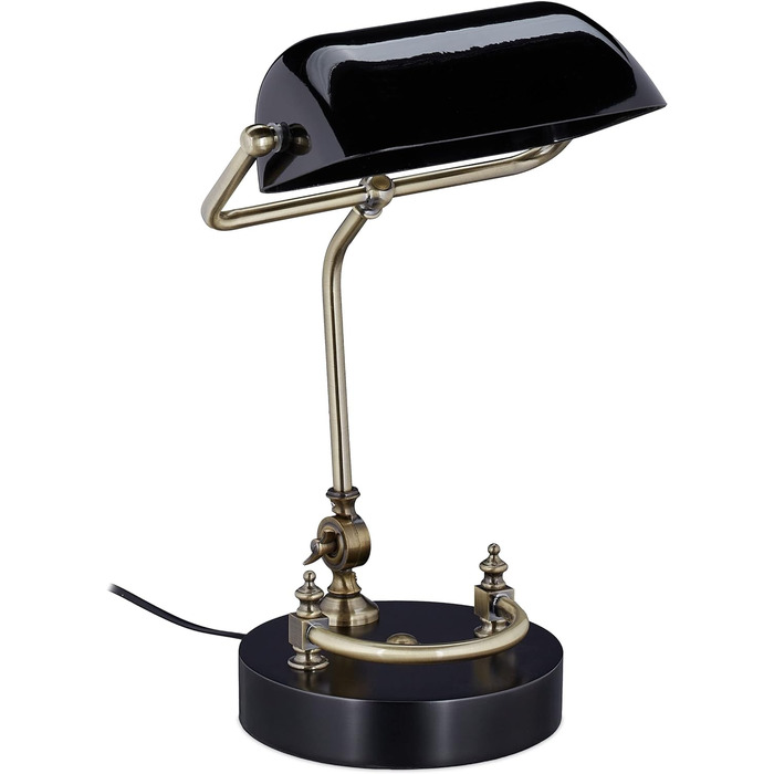 Relaxdays Bankerlampe, Glasschirm, Holzfuß, neigbare Bibliothekslampe, E27-Fassung, Schreibtischlampe Retro, schwarz