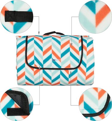 Relaxdays XXL Picknickdecke, 200x300 cm, isoliert, wasserdicht, weiche Fleece Stranddecke, Tragegriff, Zickzack, bunt