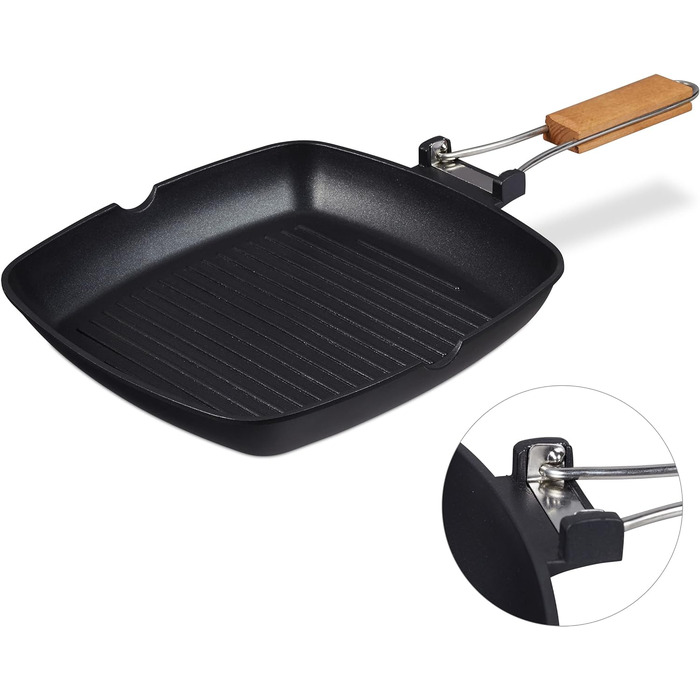 Relaxdays Grillpfanne, abnehmbarer Holzgriff, antihaftbeschichtet, BBQ Bratpfanne mit Rillen, Aluminium, schwarz, 5.5 x 51 x