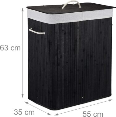 Relaxdays Wäschekorb Bambus, 2 Fächer, 95 l, faltbar, schwarz