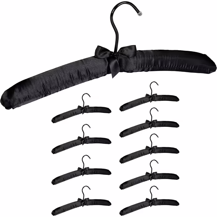 Relaxdays Kleiderbügel Satin,  weich gepolstert, 360° drehbarer Haken, dekorative Schleife, 38 cm breit, (10er Pack, Schwarz)