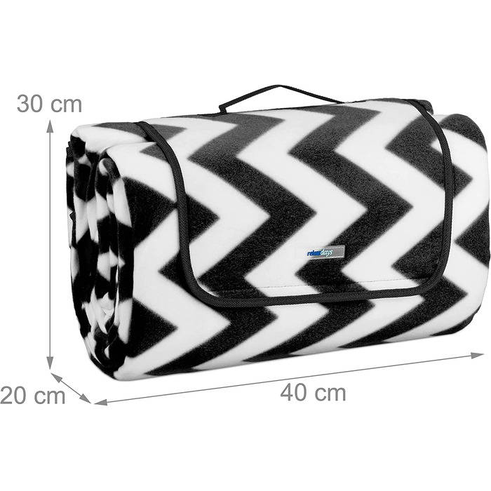 Relaxdays XXL Picknickdecke, 200x300 cm, isoliert, wasserdicht, gemusterte Fleece Stranddecke, Tragegriff, schwarz-weiß