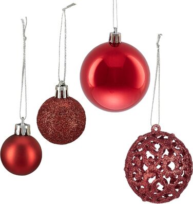 Relaxdays Xmas-Kugeln, 50er Set, glitzernd & matt, Kunststoff, ∅ 3, 4 & 6 cm, rot