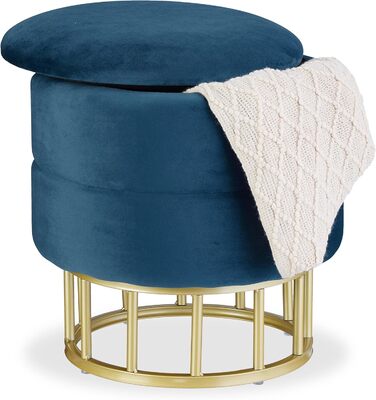 Relaxdays Samthocker mit Stauraum, runder gepolsterter Sitz, 40x40 cm, blau/Gold