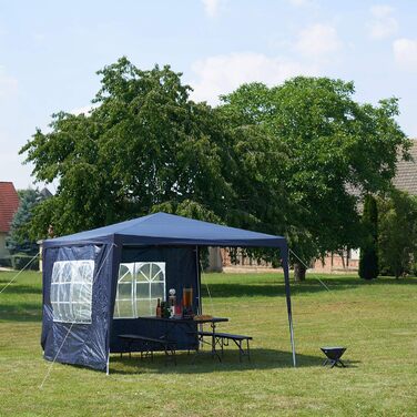 Relaxdays Pavillon 3x3 m, 2 Seitenteile, Metall Gestell, PE Plane, Fenster, Festival Partyzelt, Geschlossen, (Blau)