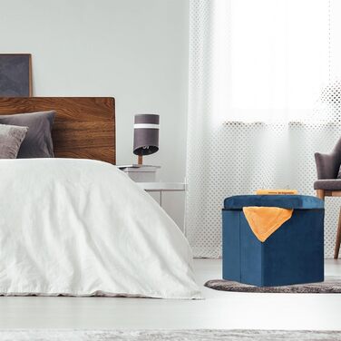 Relaxdays Sitzhocker, faltbar, 38x38x38 cm, Stauraum, MDF & Samt, blau