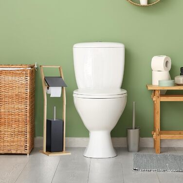 Relaxdays WC Garnitur, Bambus, stehender Klopapierhalter, Toilettenbürste mit Bürstenhalter, 74x20x20 cm, schwarz/Natur