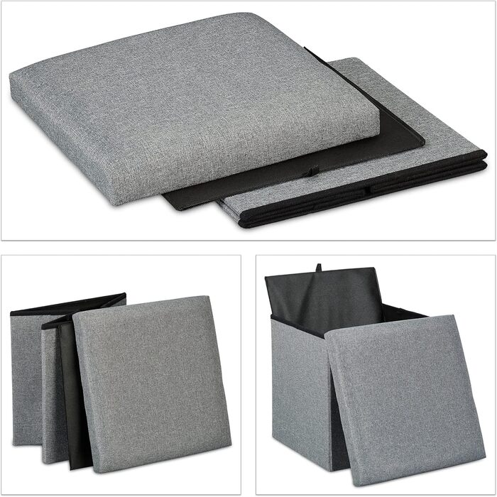 Relaxdays Sitzhocker mit Stauraum, faltbar, gepolstert, 37x37,5x37,5 cm, 1 Stück, Grau