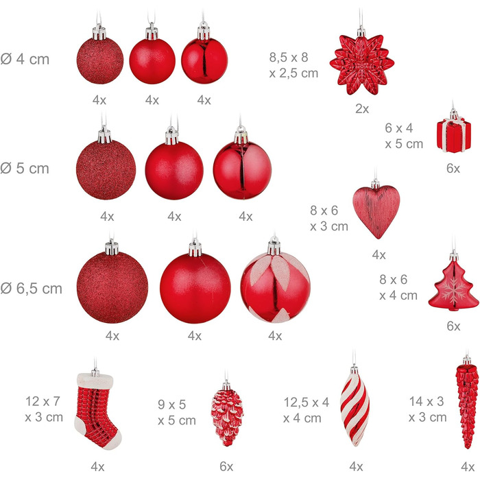 Relaxdays Weihnachtskugeln 72er Set, glitzernd/matt/glänzend, Stiefel/Herz/Zapfen, Kunststoff, Rot