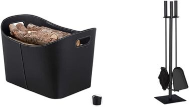 Relaxdays, schwarz Kaminholzkorb Kunstleder  stabiler Feuerholzkorb mit Tragegriffen, für Brennholz & Zeitungen, oval, 80% Pappe (XL, Bundle mit Kaminbesteck 61 x 15 x 15 cm)
